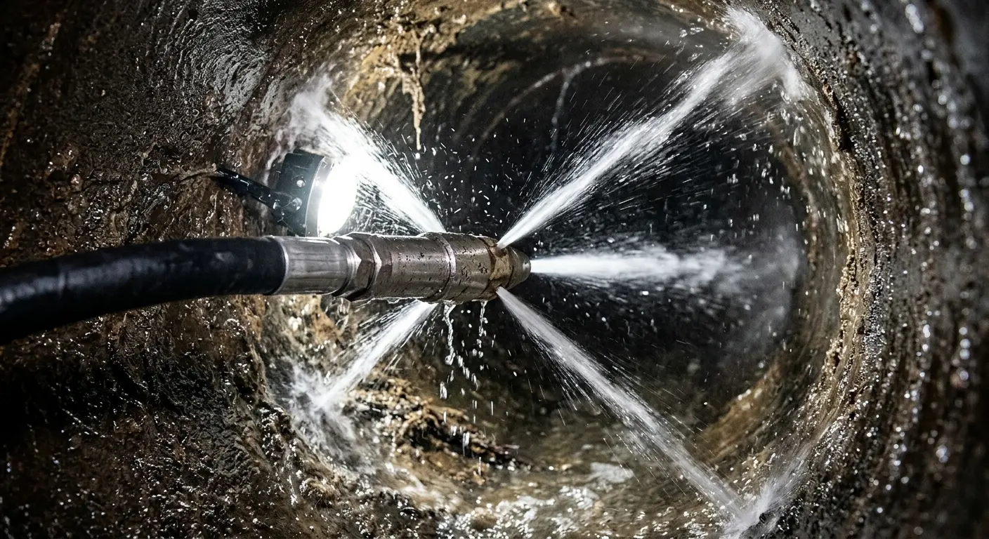 High-pressure hydro jetting nozzle cleaning sewer pipe for Sewer Cleanout in Montebello