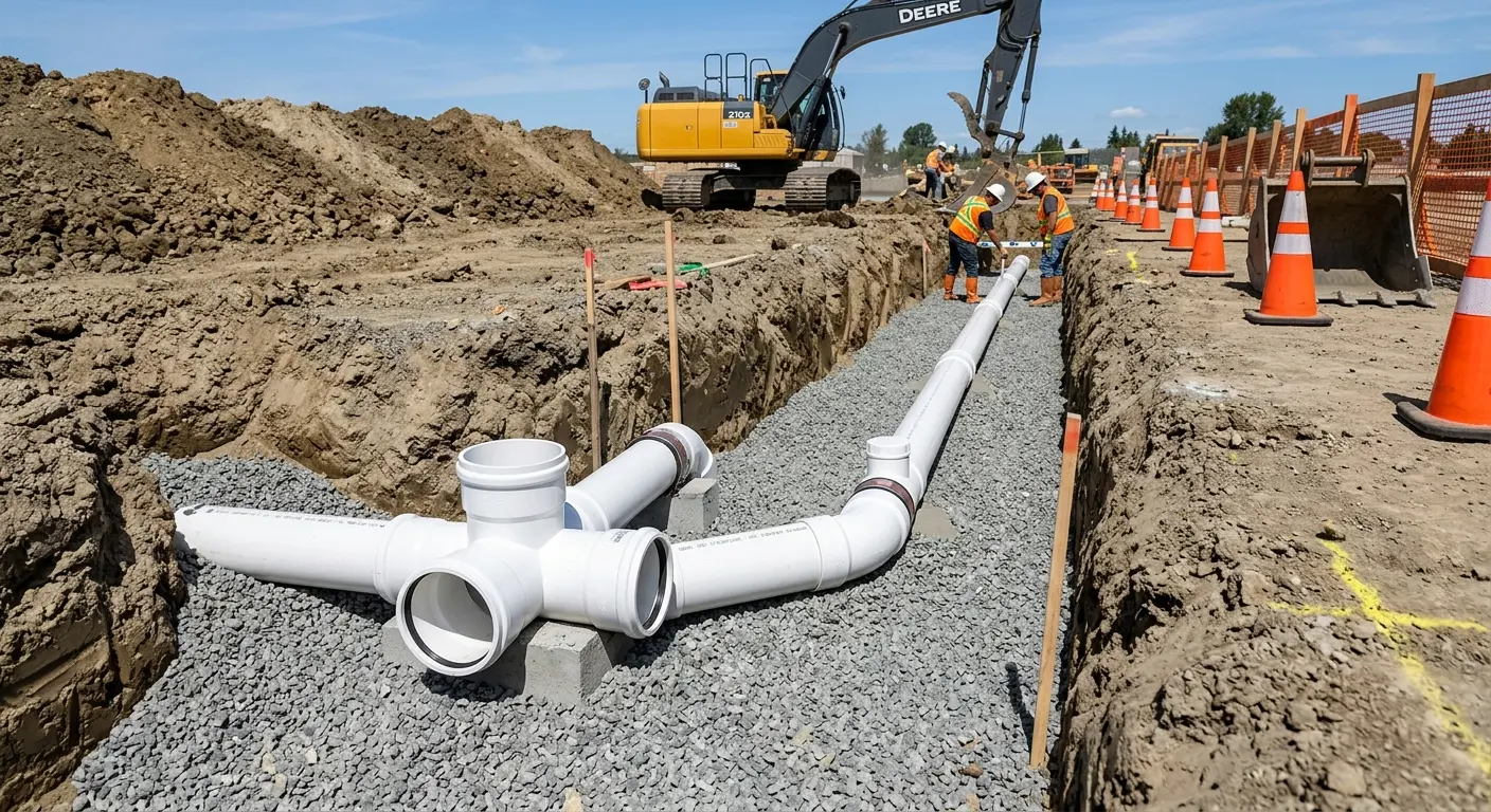 New PVC sewer pipe installation in open trench for Sewer Backup in Montebello