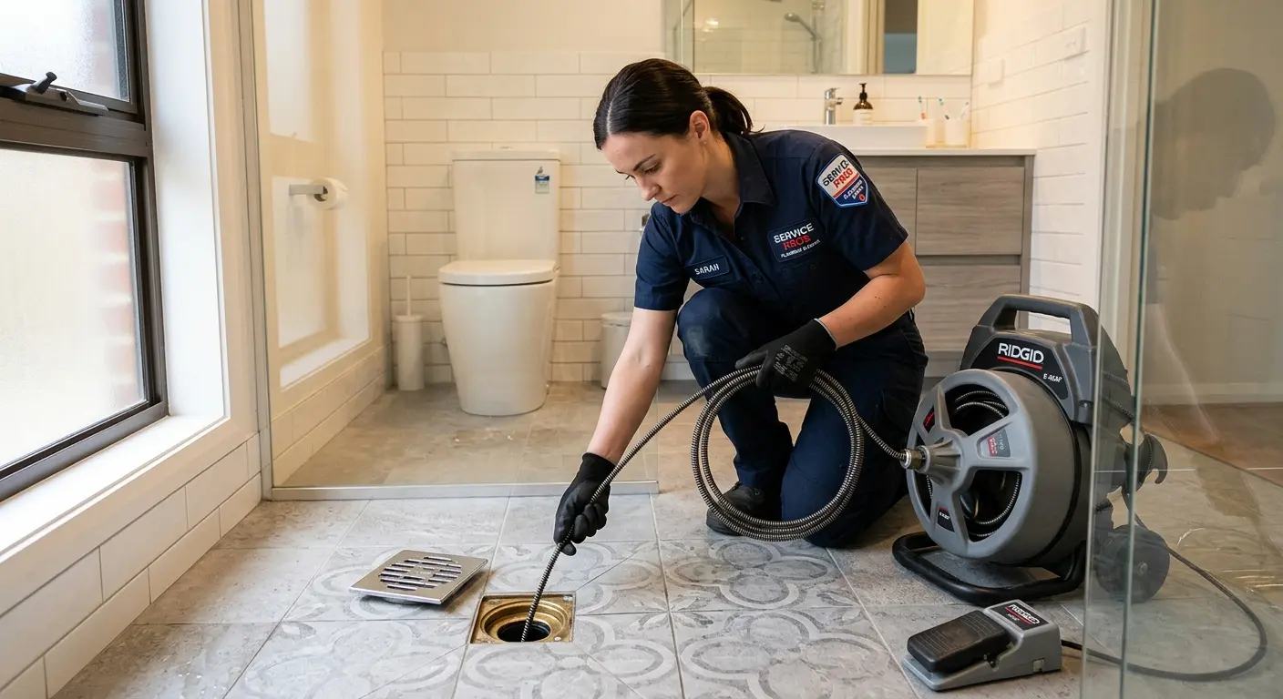 Technician clearing a bathroom floor drain for Drain Cleaning in Montebello